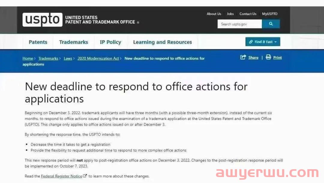 【最新通知】从2022年12月3日起，美国商标答复审查意见时间期限，将从6个月缩短为3个月。 第1张