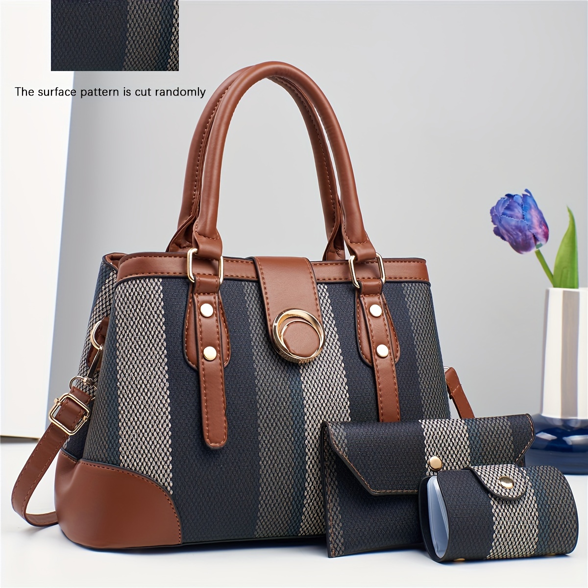 4 Women's Bag Set, Classic Striped Style, High-End Texture, Fashionable and Versatile, 3pcs Set